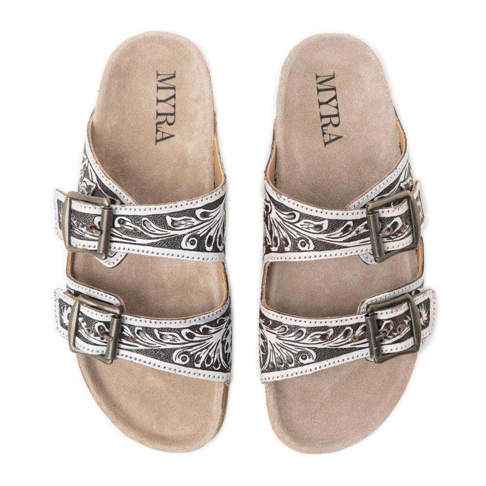 Mesa Scroll Handtooled Sandals in Brown & White