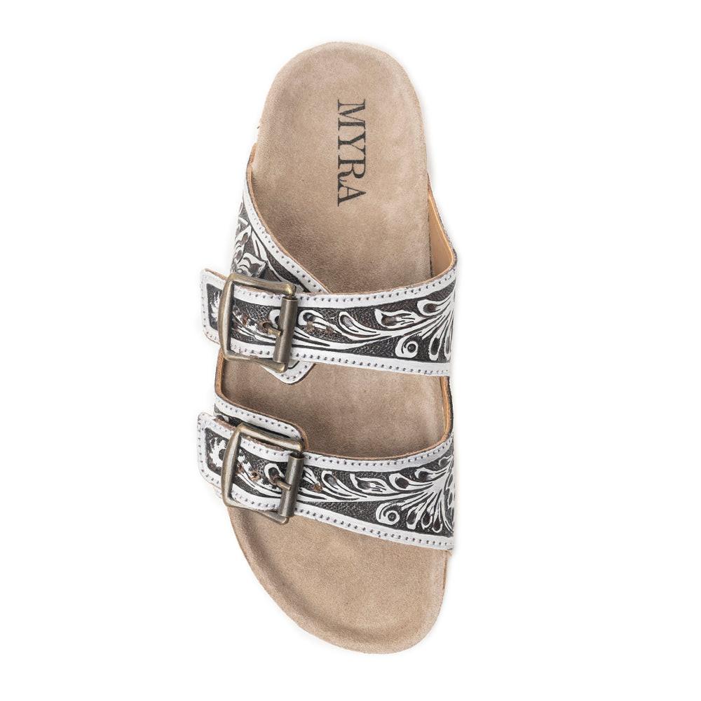 Mesa Scroll Handtooled Sandals in Brown & White