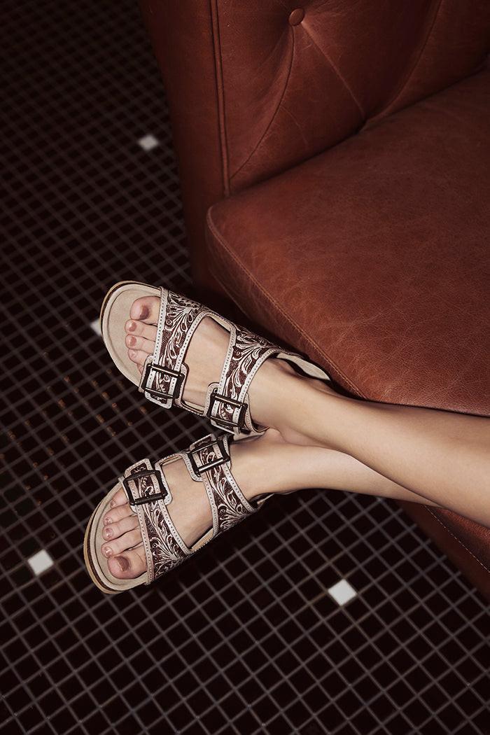 Mesa Scroll Handtooled Sandals in Brown & White
