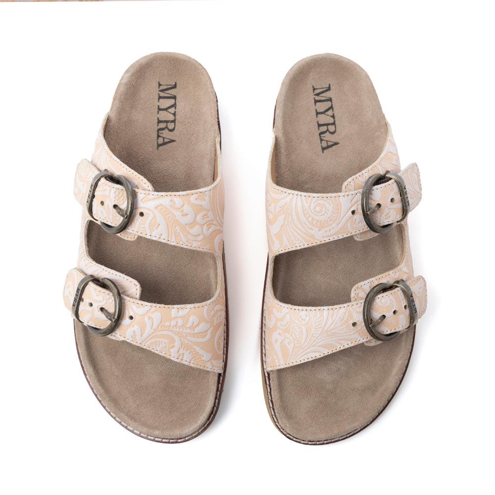 Myra Desert Lily Embossed Leather Sandals in Antique White