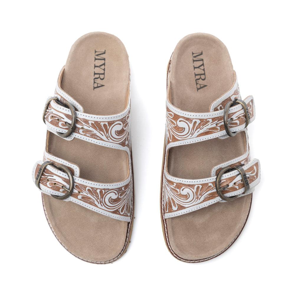 Myra Marlowe Western Handtooled Leather Sandals in Ivory Bloom