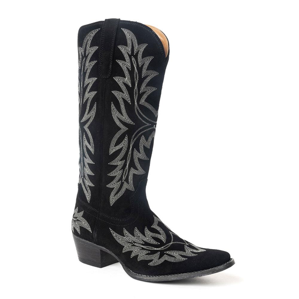 Midnight Trail Embroidered Leather Boots in Shadow Black