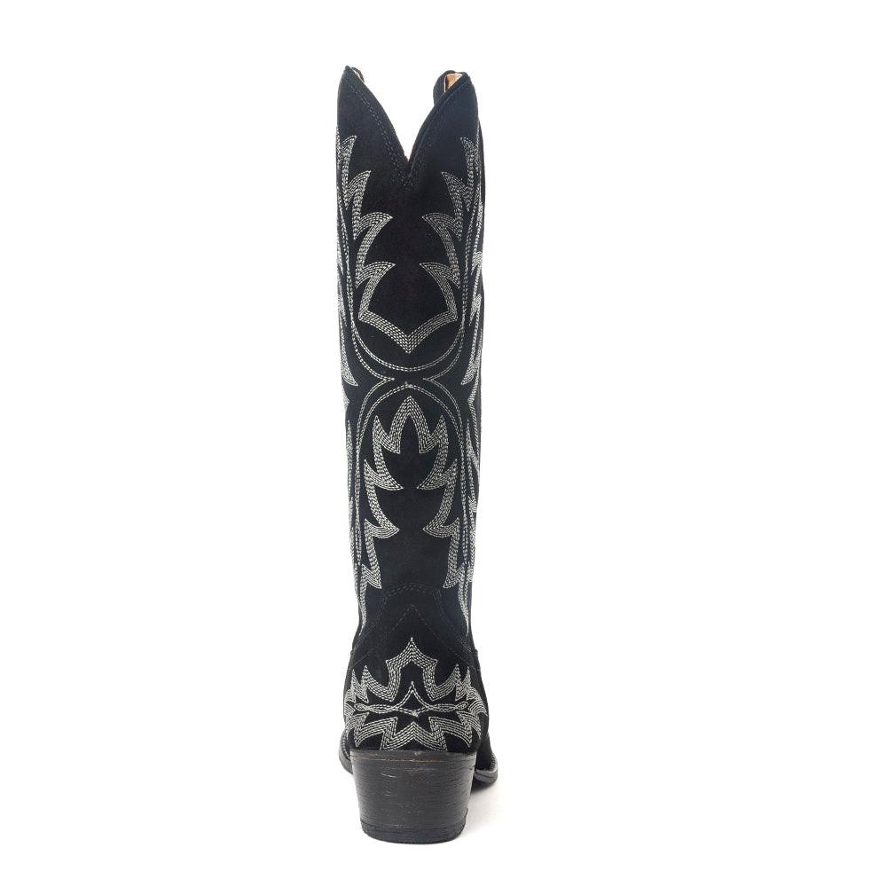 Midnight Trail Embroidered Leather Boots in Shadow Black