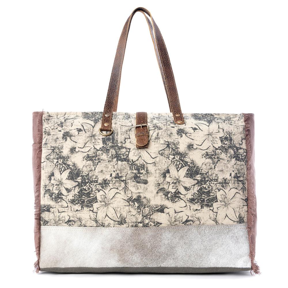Myra Floweret Weekender Bag for Women – Floral Printed Front, Buckle Closure, Fringed Edges for Travel Chic