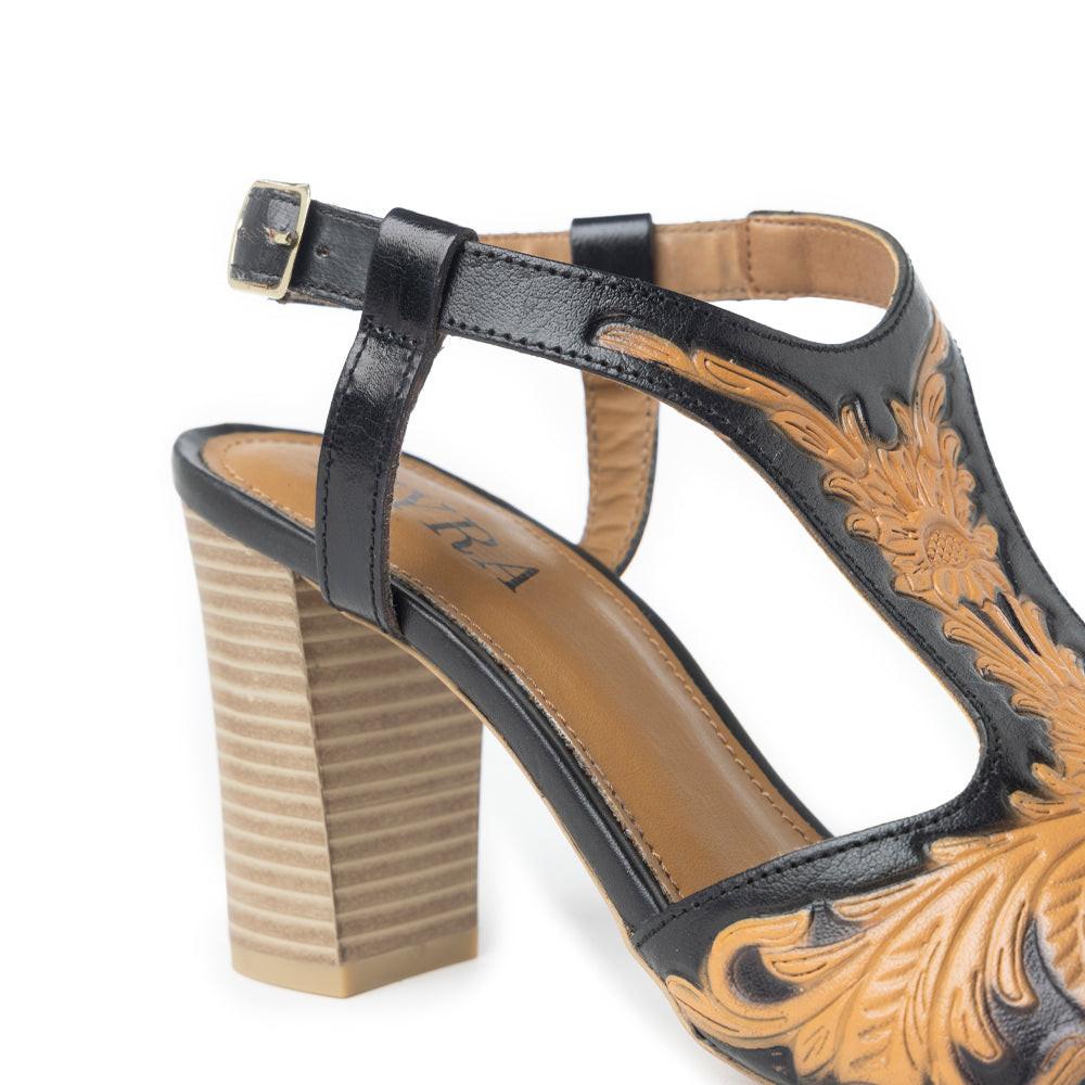 Rodeo Rose Handtooled Leather Heels in Natural Brown