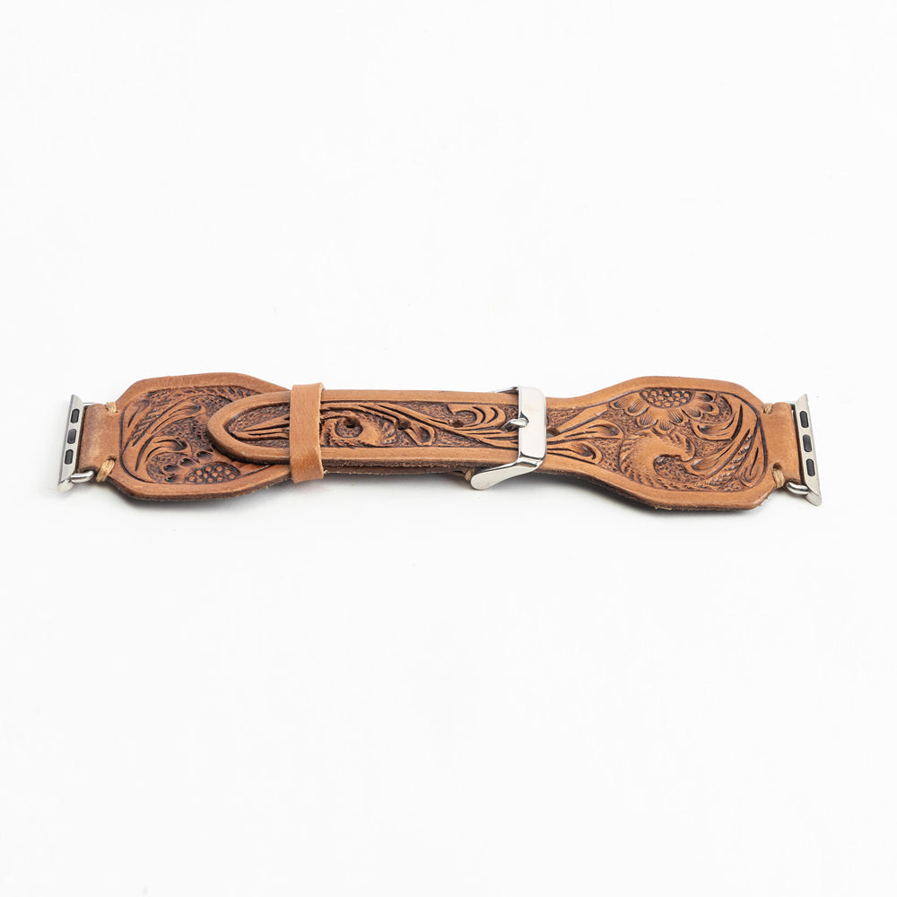 Lone Star Handtooled Leather Watch Band in Antique Saddle Brown