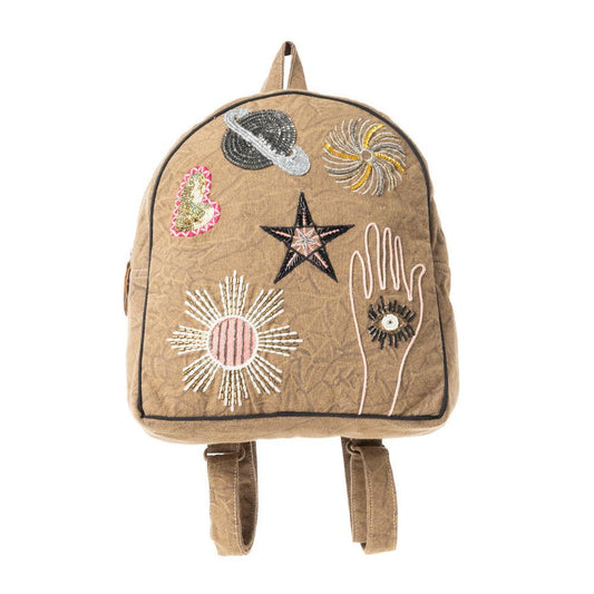 Boho Cosmic Upcycling-Rucksack aus Canvas in Vintage-Taupe