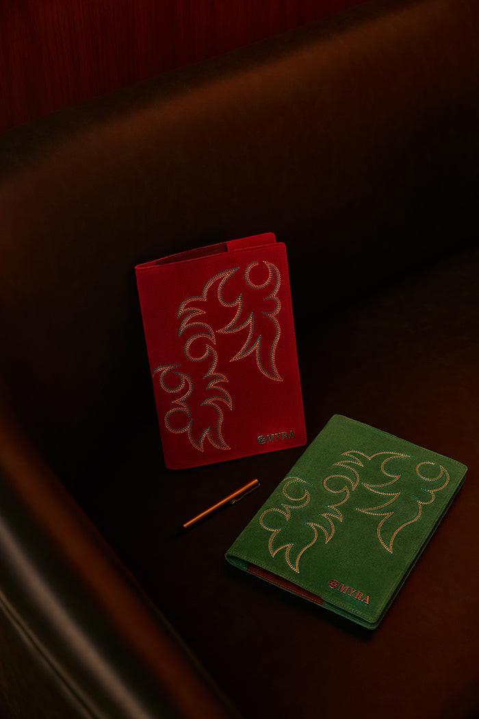 Texas Blaze Embroidered Leather Diary in Scarlet Red