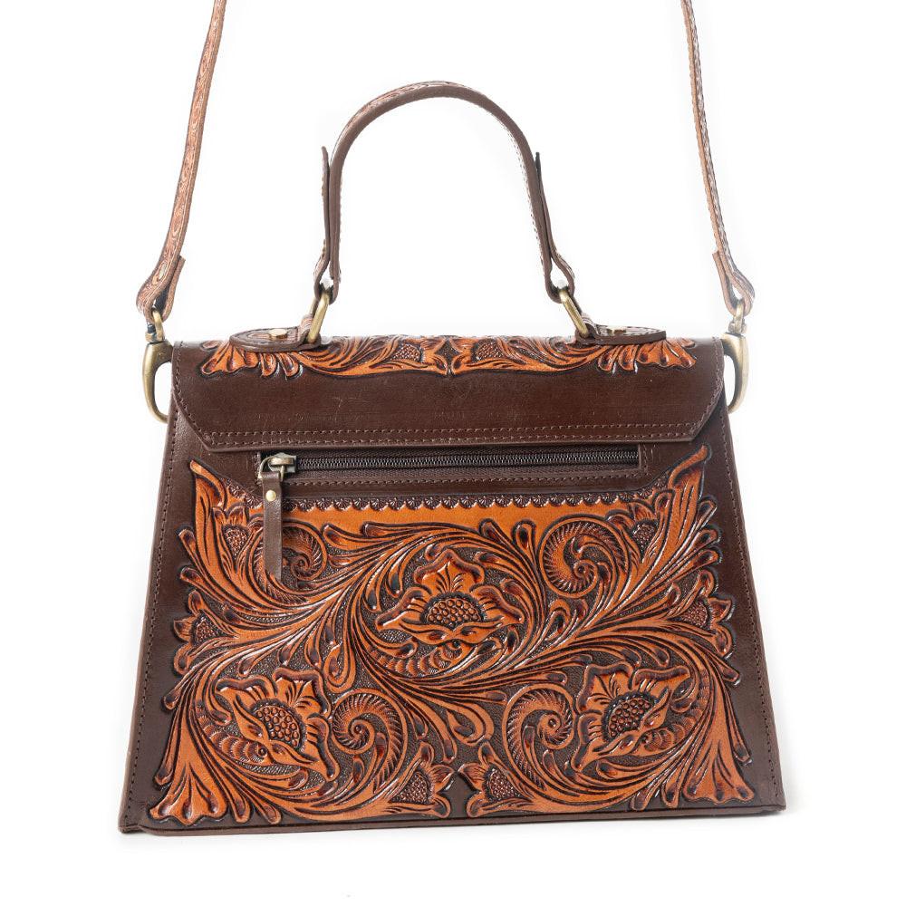 Savannah Scroll Handtooled Leather Bag in Dark Brown