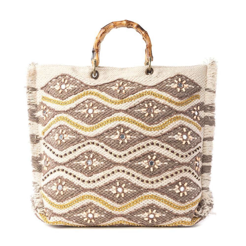 Myra Harvest Dune Hand Embroidered Tote Bag in Misty Taupe