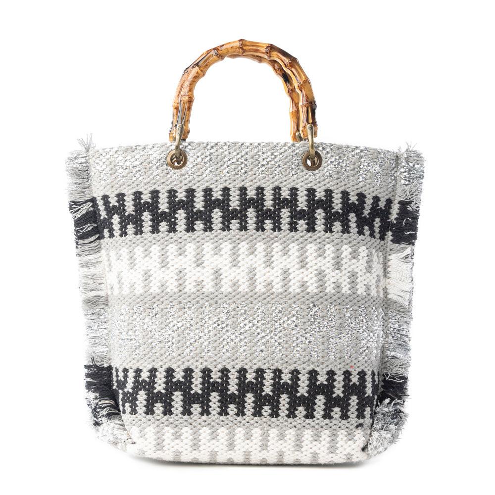 Myra Tundra Trail Hand Embroidered Tote Bag in Silver Dune