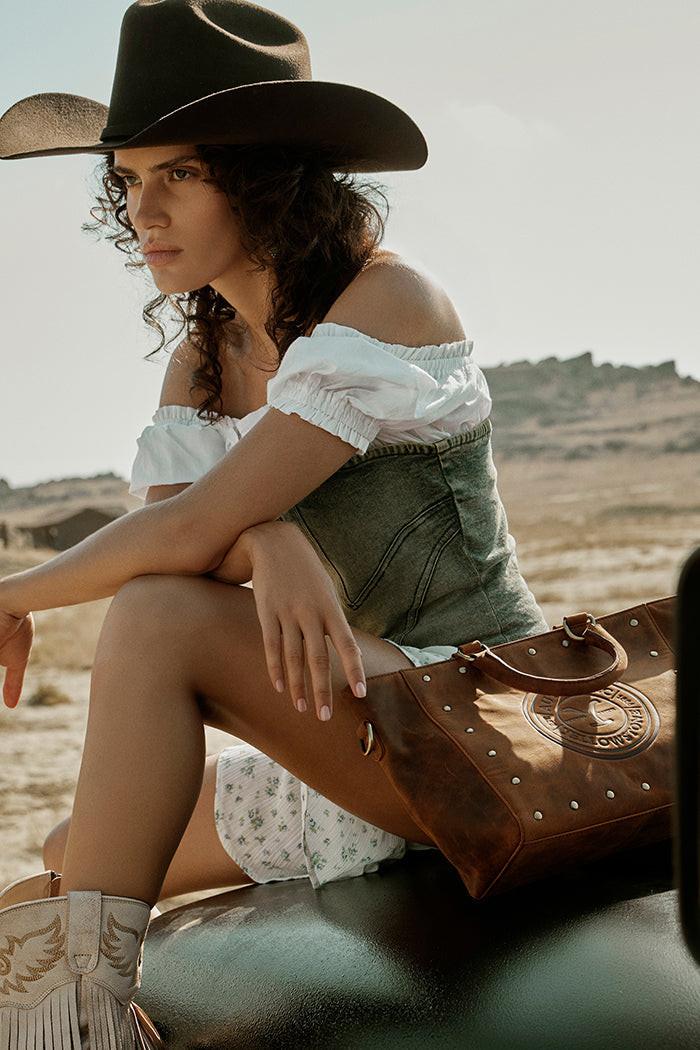 Yellowstone Legacy Studded Leather Tote in Amber