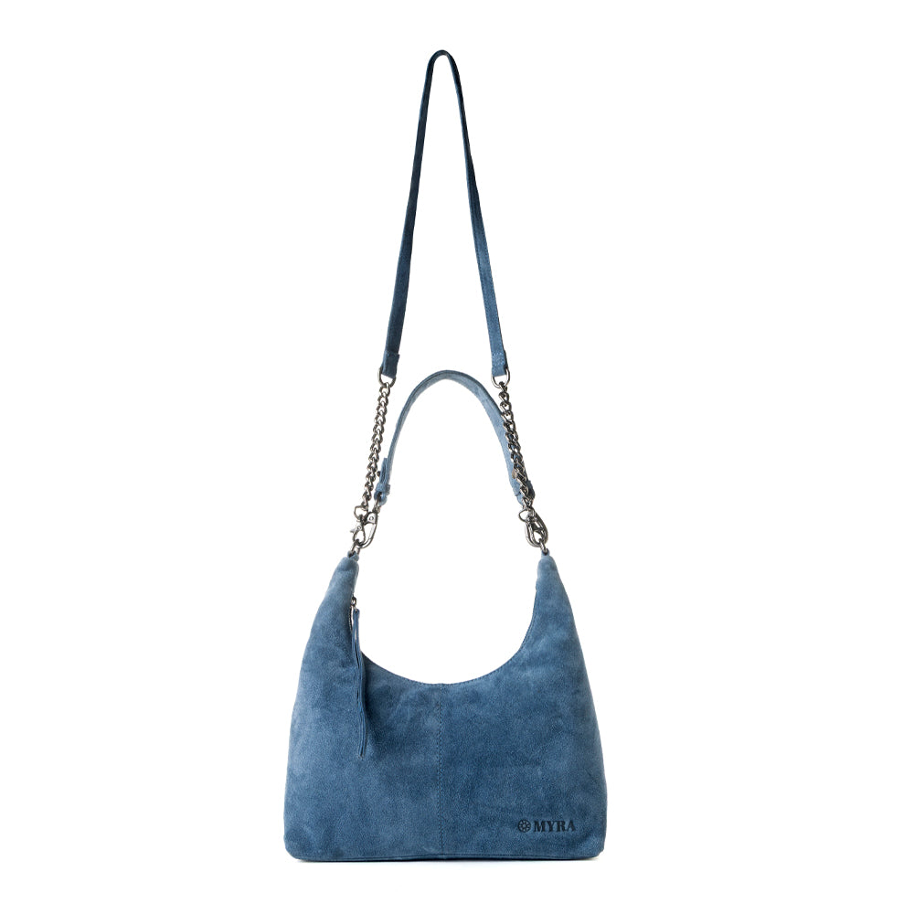 Myra Juniper Trail Genuine Suede Bag for Women in denim blue with extra strap