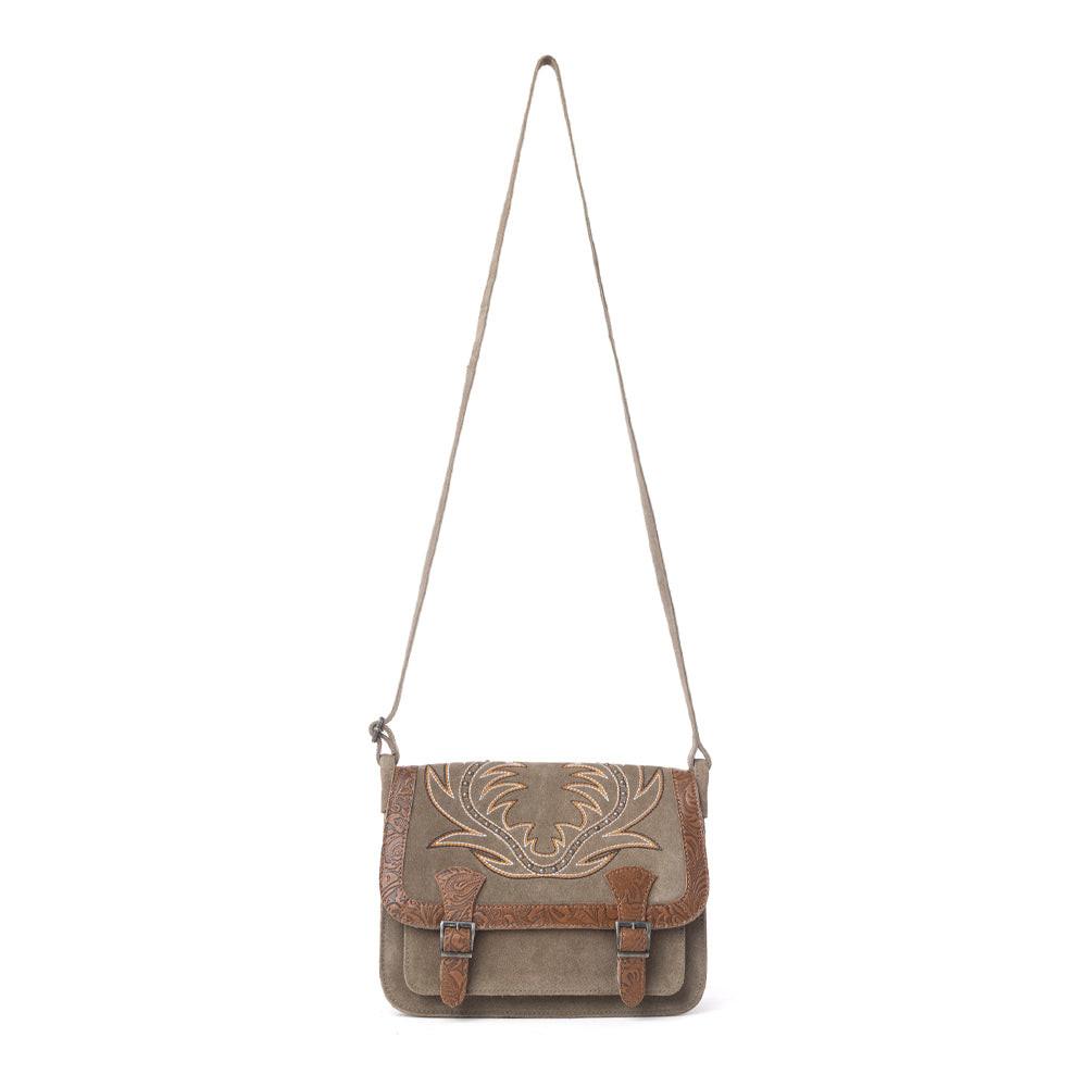 Myra Amberwood Suede Leather Boot Embroidered Bag in Olive Taupe