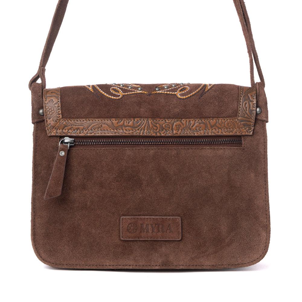 Myra Amberwood Suede Leather Boot Embroidered Leather Bag in Chestnut Brown