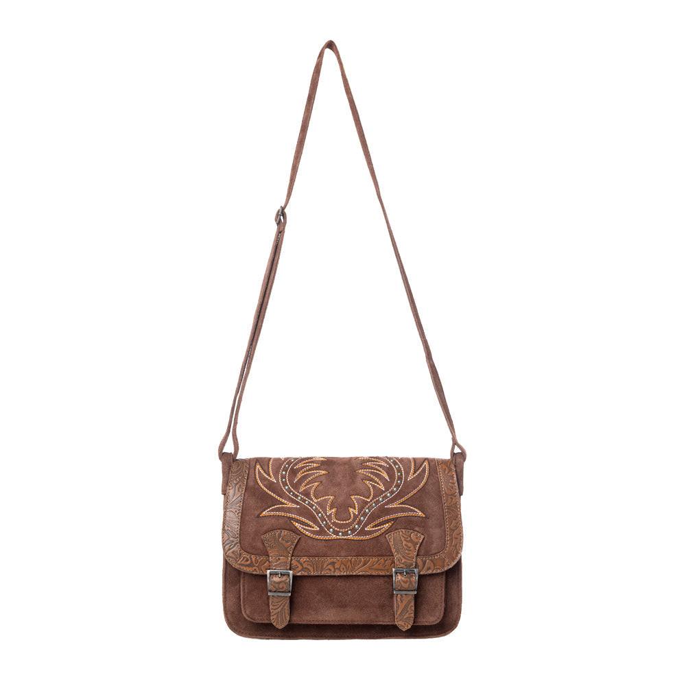 Myra Amberwood Suede Leather Boot Embroidered Leather Bag in Chestnut Brown