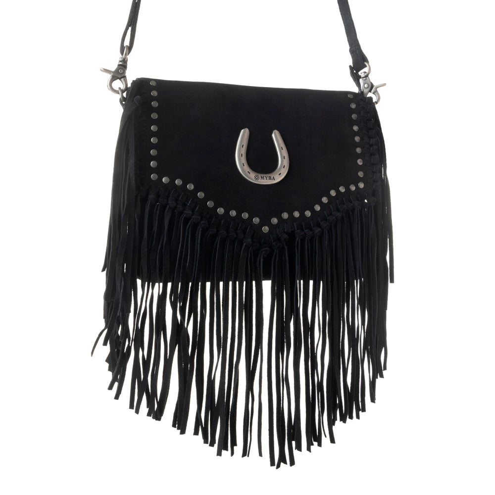 Myra Lucky Charm Leather Bag for Women in black with fringe and horseshoe detail
