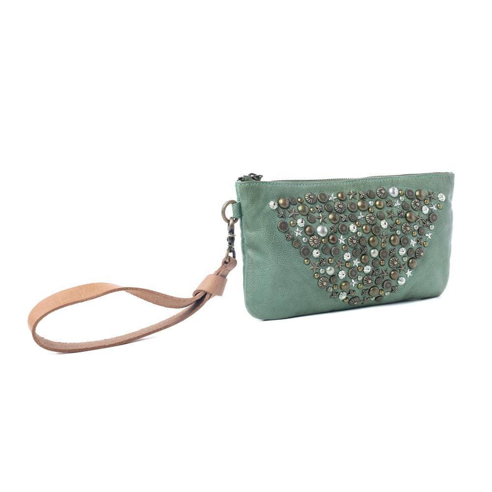 Myra Empire Green Studded Wash Leather Pouch in Desert Olive