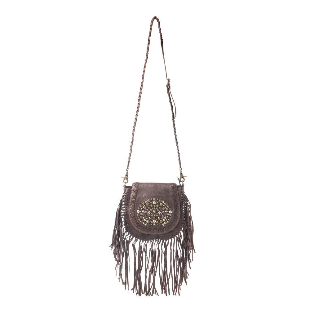 Myra Luna Belle Studded Leather Bag with Fringes in Maverick Mocha