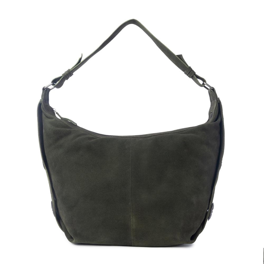 Myra Hunter’s Grove Suede Leather Shoulder Bag in Ranch Olive