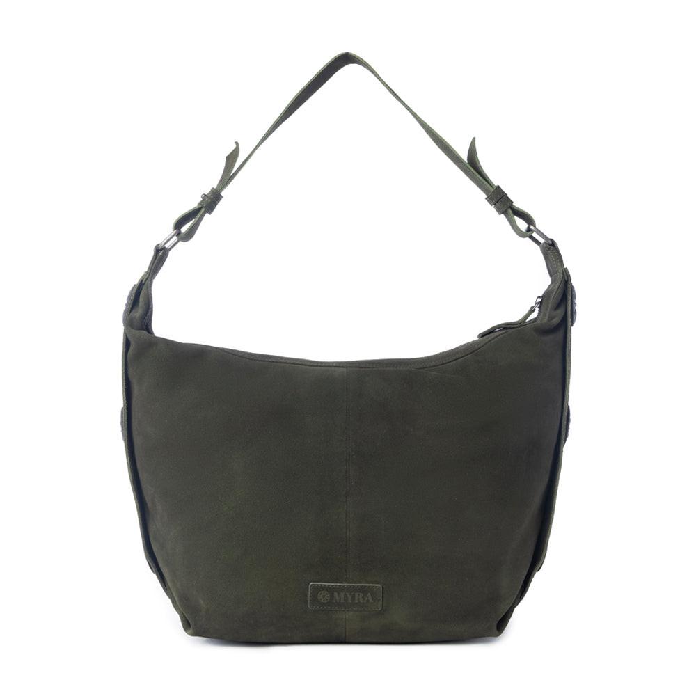 Myra Hunter’s Grove Suede Leather Shoulder Bag in Ranch Olive