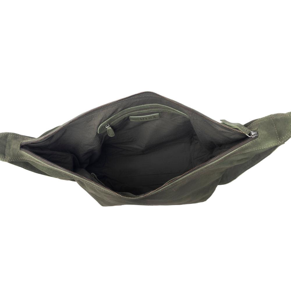 Myra Hunter’s Grove Suede Leather Shoulder Bag in Ranch Olive