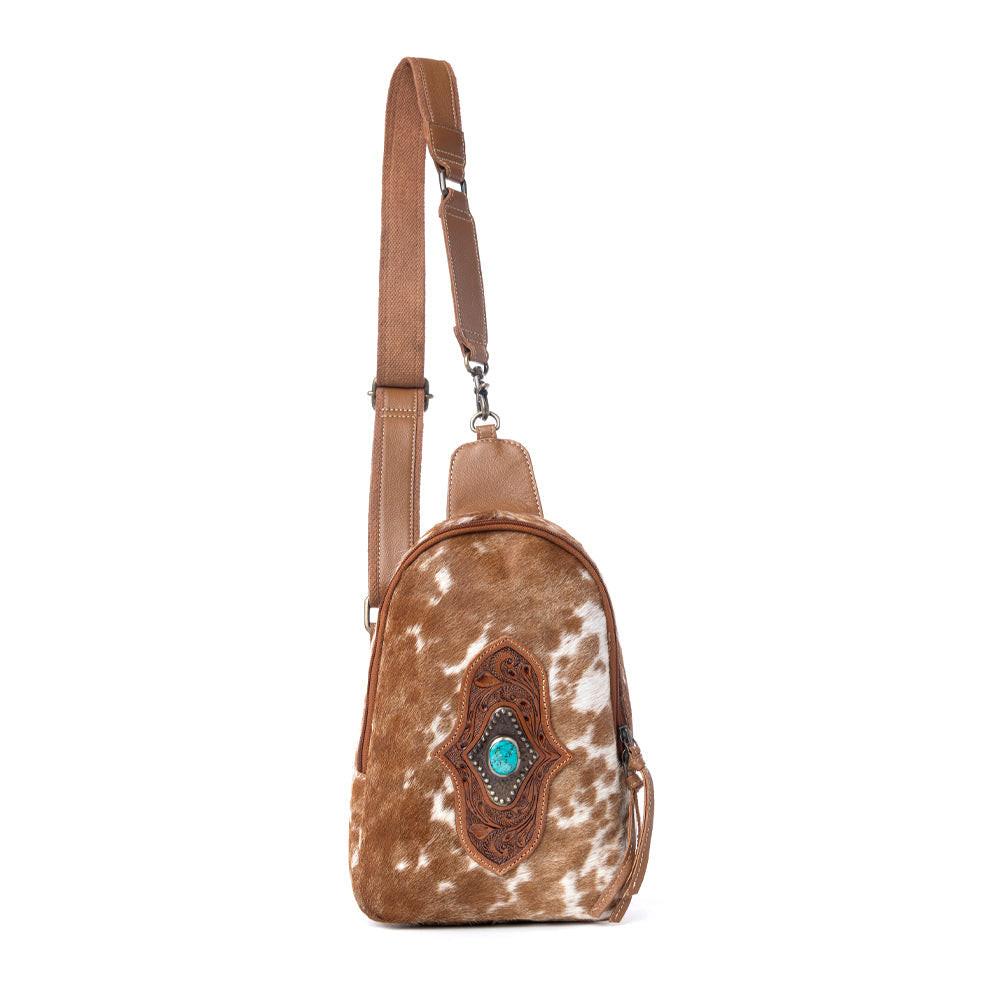 Myra Horizon Vale Handtooled Hairon Leather Fanny Pack in Warm Caramel