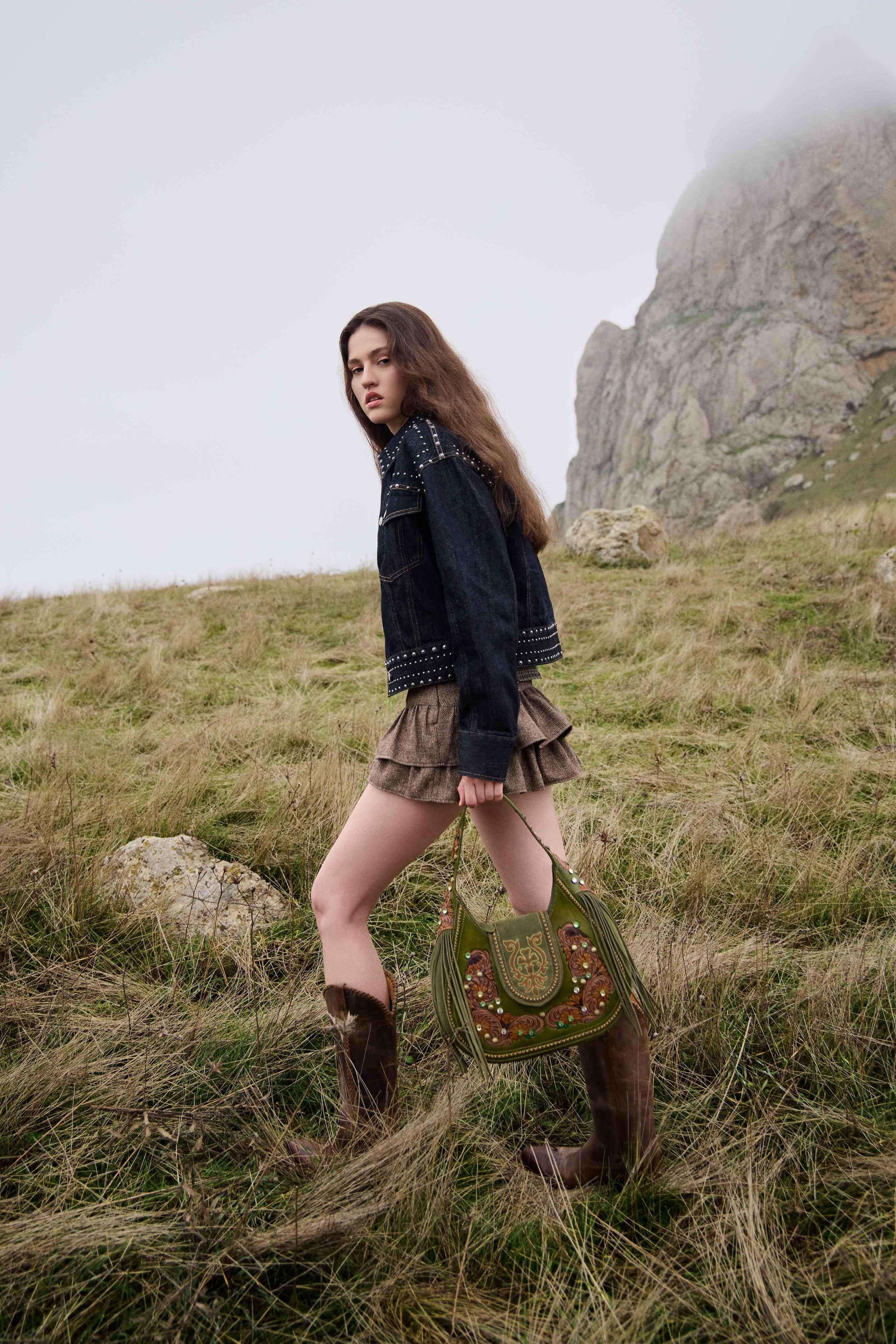 Myra Sierra Grove Handtooled Leather Bag in Western Fern