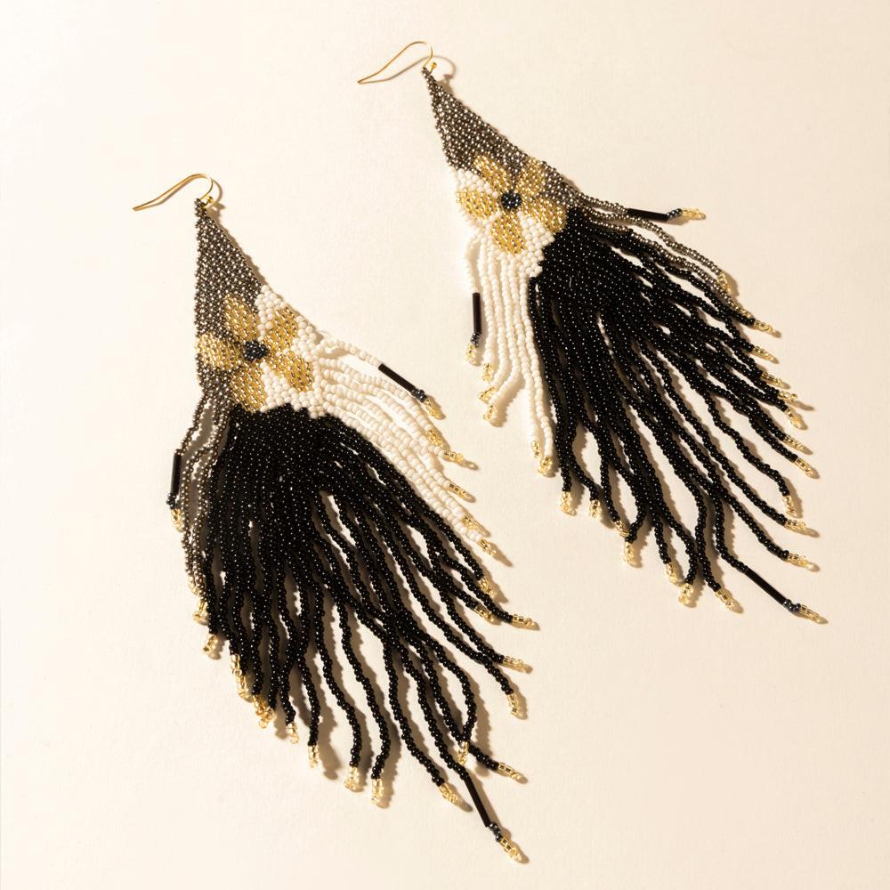 Myra Moonlit Sage Beaded Fringe Earrings in Midnight Coal