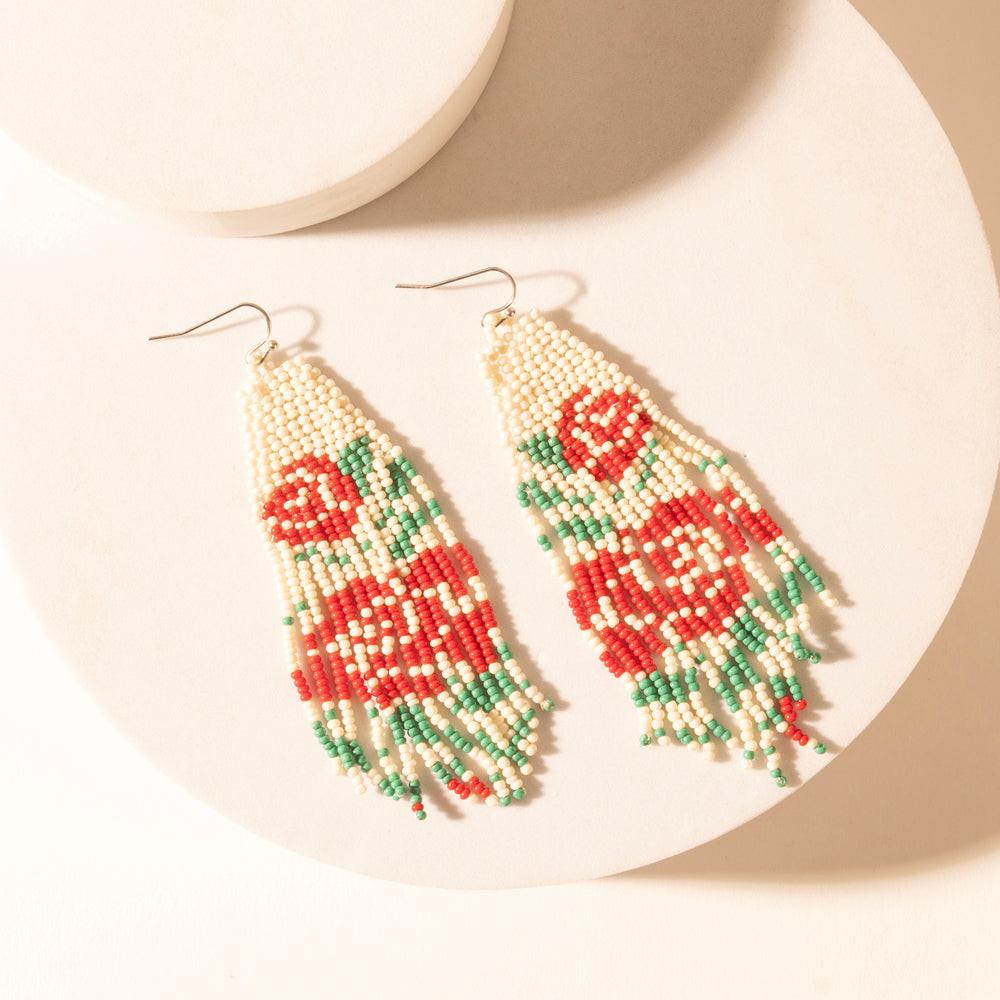 Myra Rose Garden Beaded Fringe Earrings in Cream Ivory