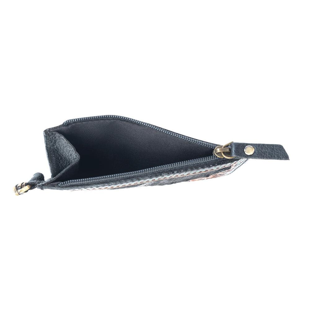 Myra Apache Twilight Handtooled Hairon Leather Card Holder in Midnight Hide