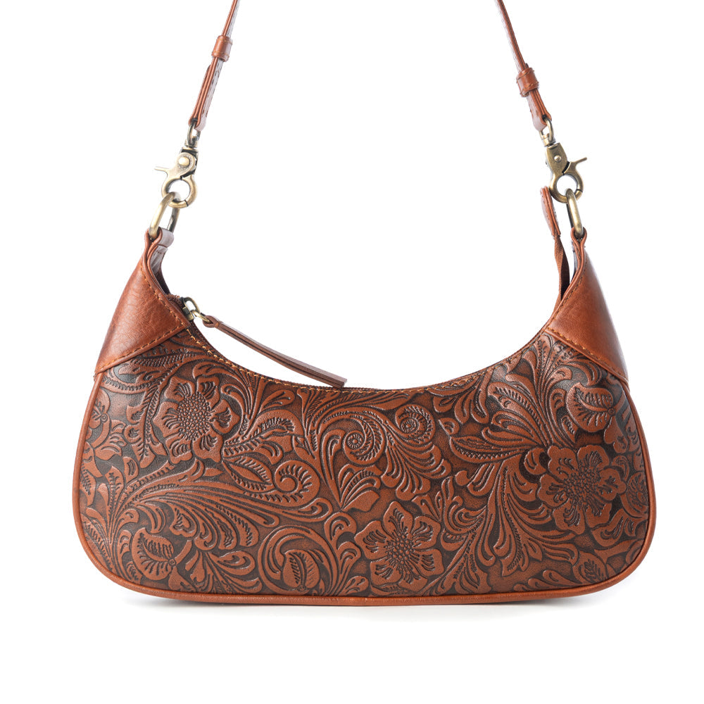 Myra Heritage Vine Embossed Leather Bag for Women in Brown with shoulder strap
