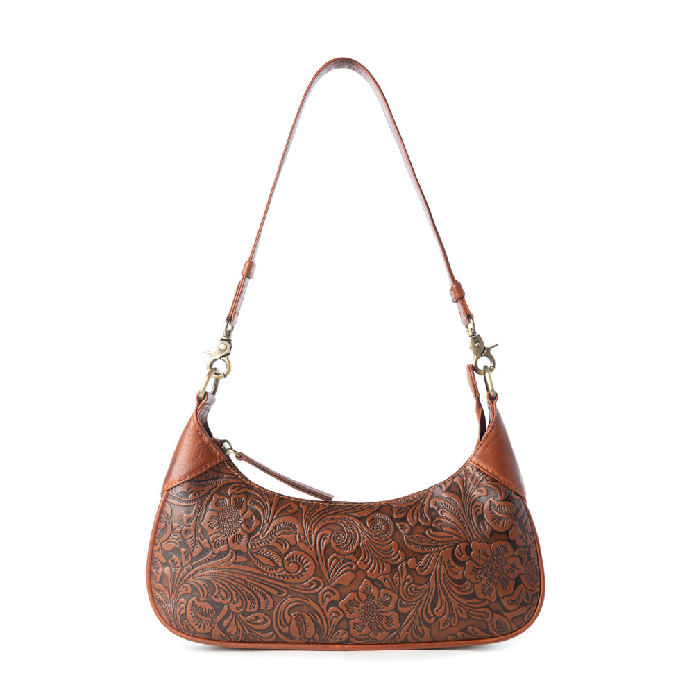 Myra Heritage Vine Embossed Leather Bag for Women in Brown with shoulder strap