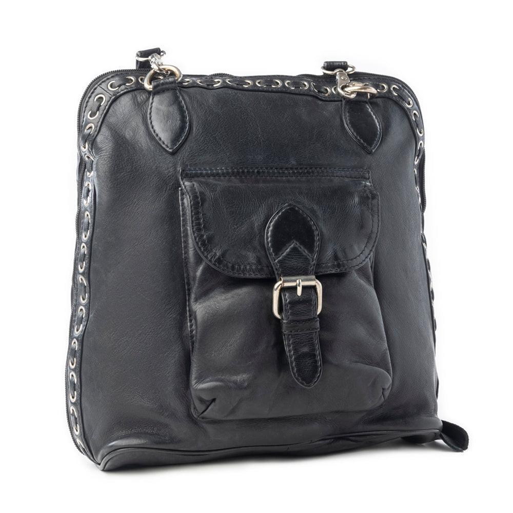 Myra Stormrider Buckled Genuine Leather Bag in Shadow Black