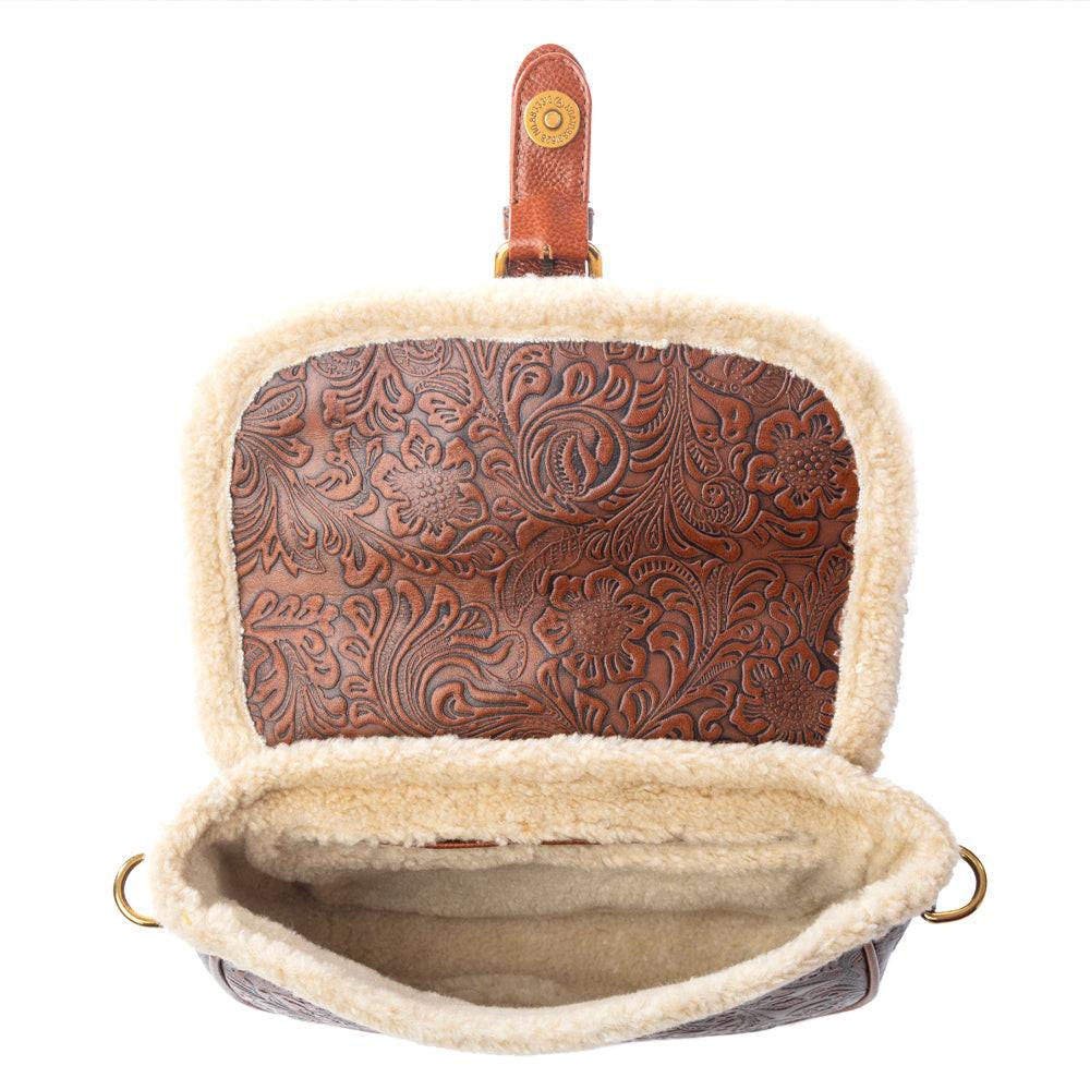 Myra Alpine Rose Embossed Leather Crossbody Bag with Fur Accent in Chestnut Red
