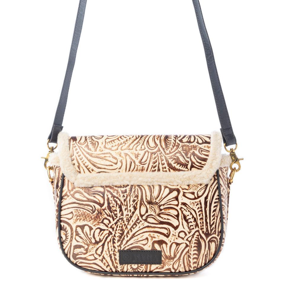 Myra Raven & Dune Embossed Leather Crossbody Bag with Fur Accent in Winter Ivory