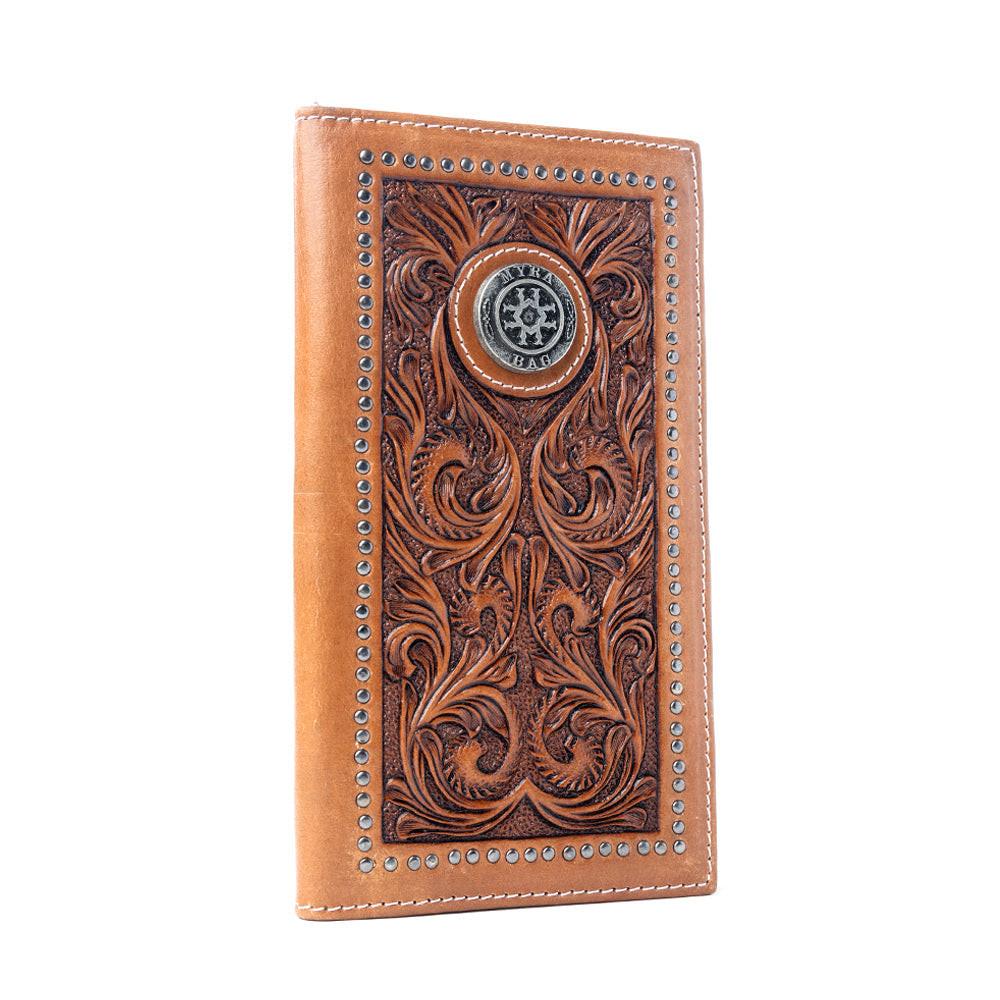 Myra Sheriffâ€™s Crest Handtooled Leather Wallet for Men in Bronco Brown