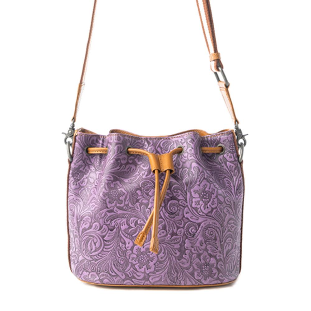 Myra Amara Bloom Embossed Leather Bucket Bag in Mystic Lilac