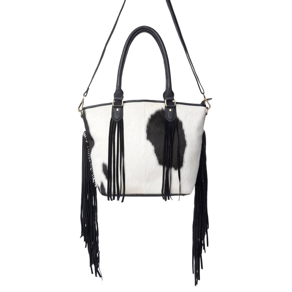Myra High Plains Hairon Leather Concealed Fringe Carry Bag in Ebony Bone