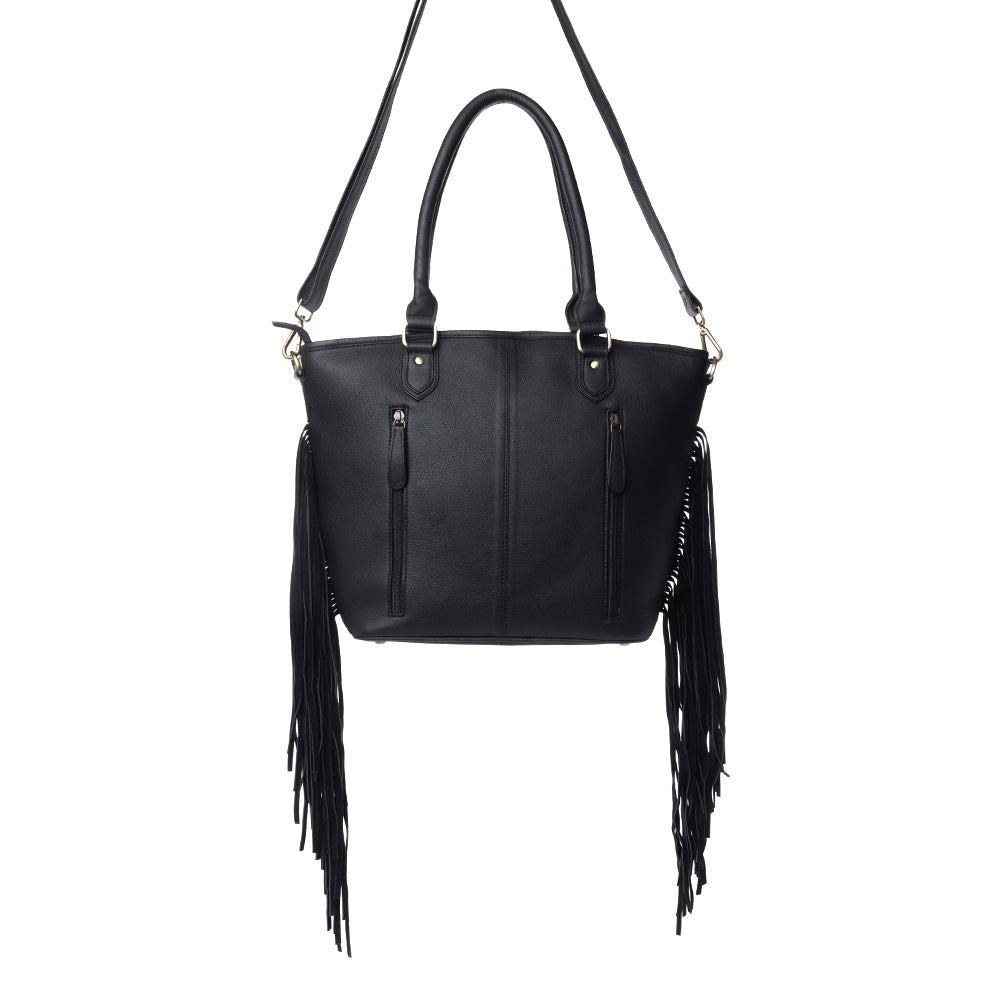 Myra High Plains Hairon Leather Concealed Fringe Carry Bag in Ebony Bone