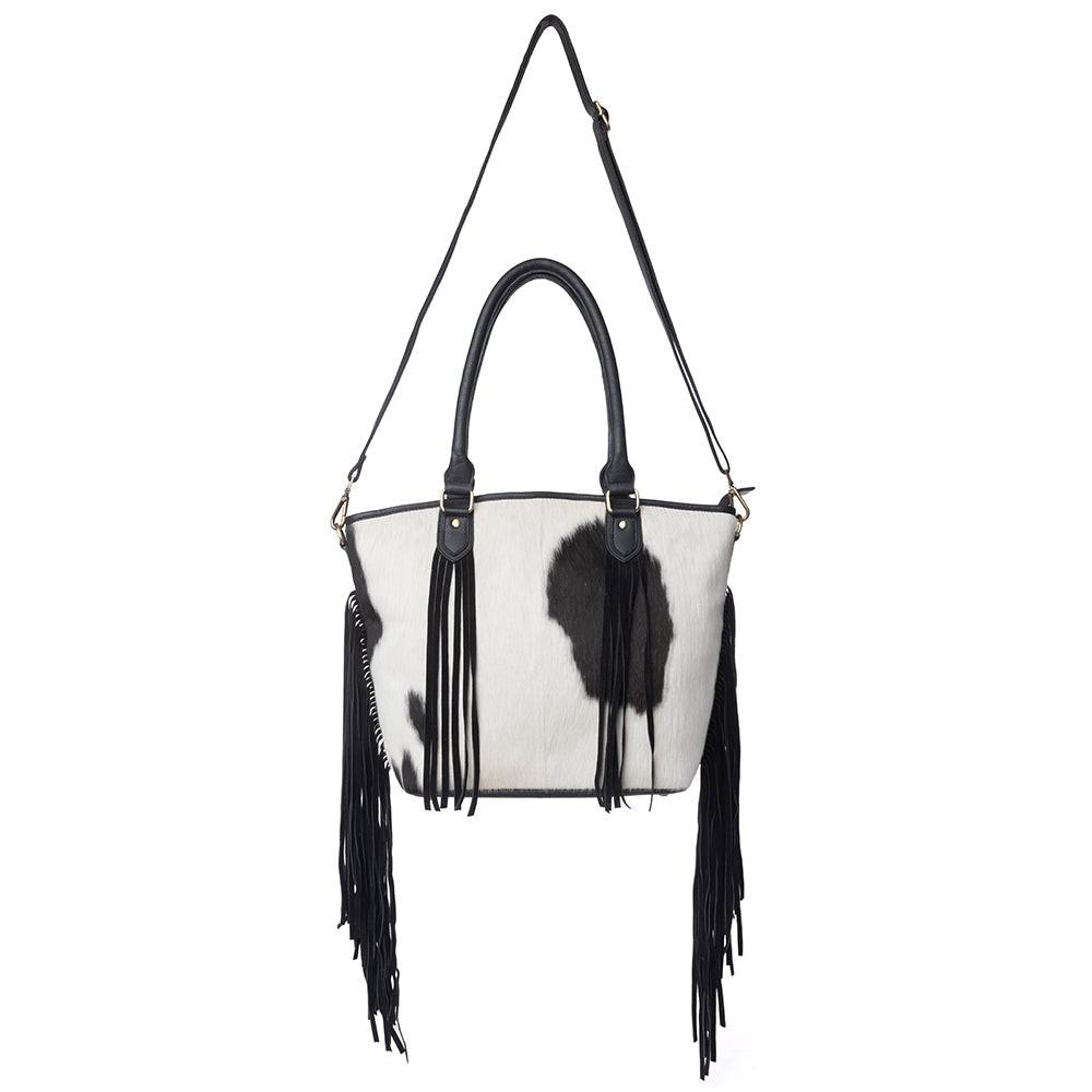 Myra High Plains Hairon Leather Concealed Fringe Carry Bag in Ebony Bone