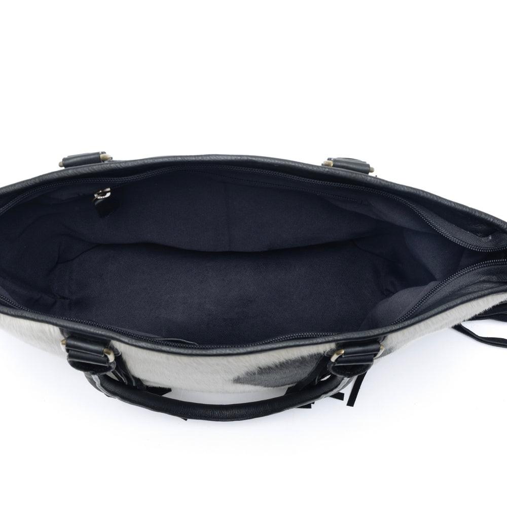 Myra High Plains Hairon Leather Concealed Fringe Carry Bag in Ebony Bone
