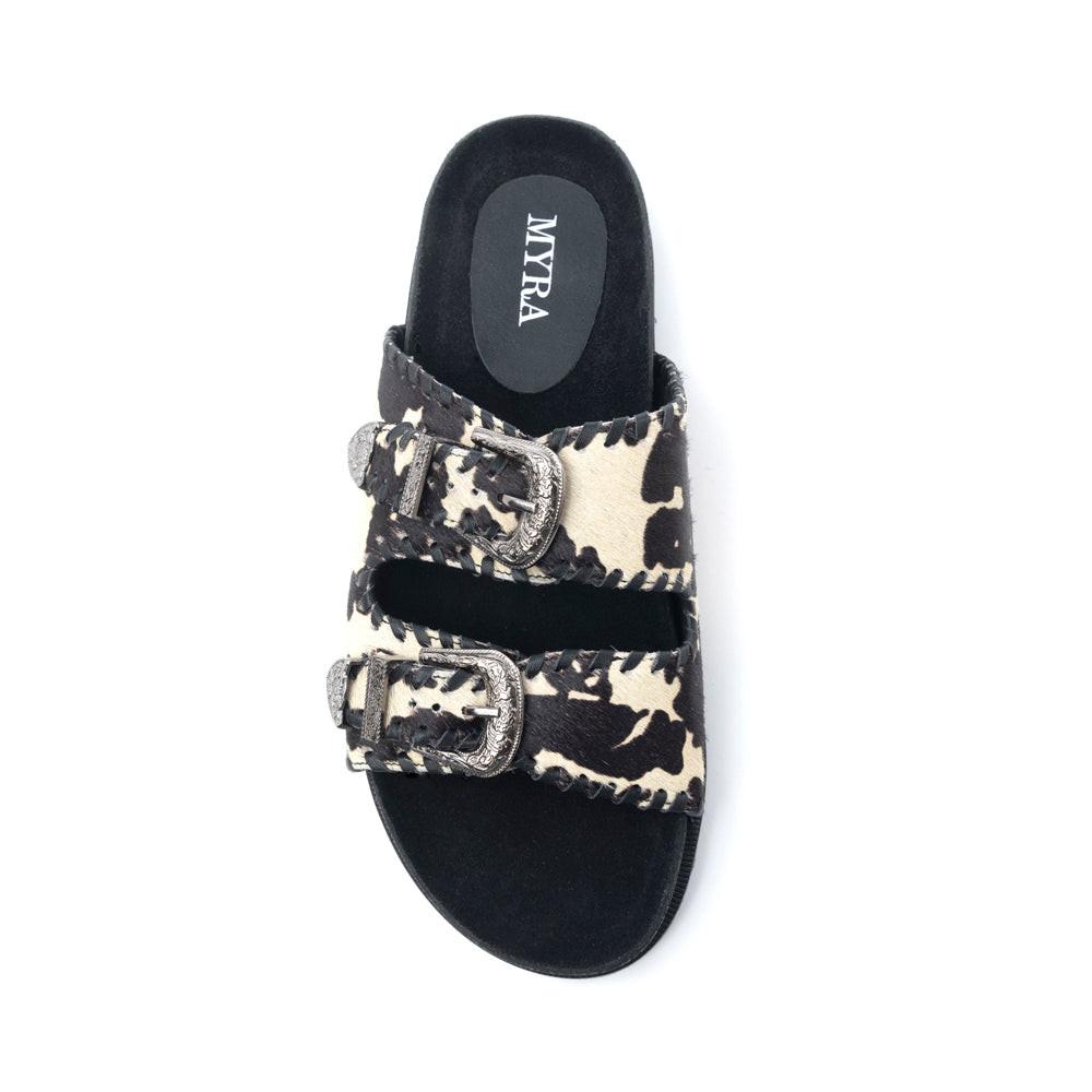 Myra Coyote Crest Hairon Leather Sandals in Vanilla White