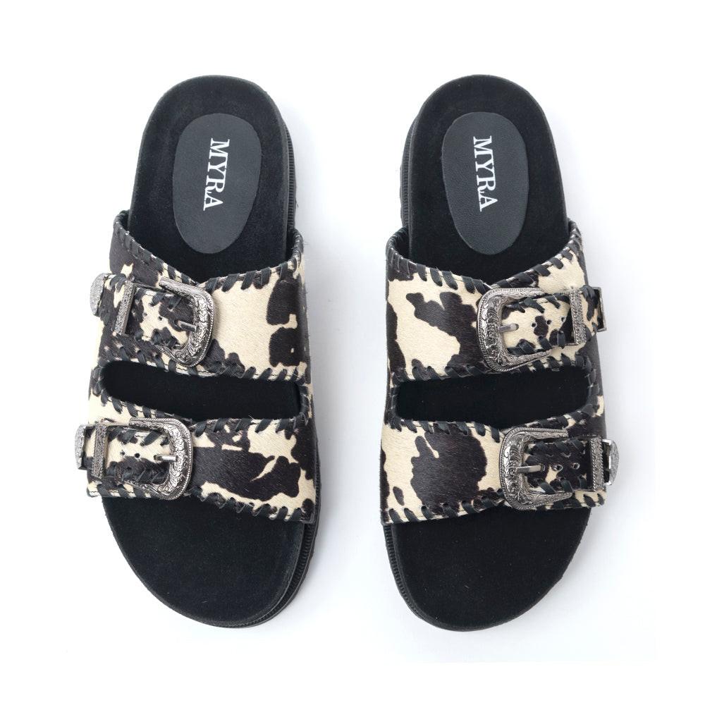 Myra Coyote Crest Hairon Leather Sandals in Vanilla White