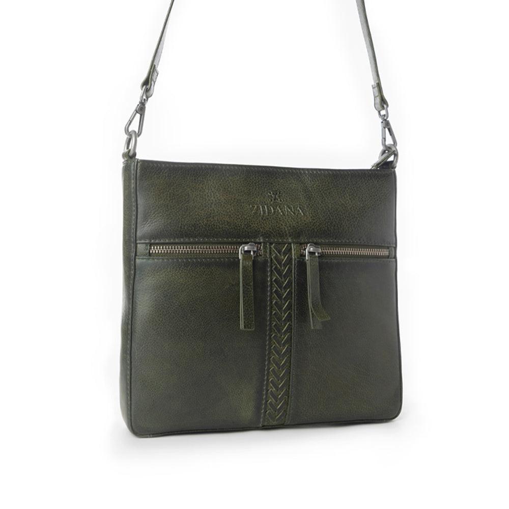 Myra Zidana El Paso Twin Veg Tanned Leather Crossbody Bag in Olive Grove