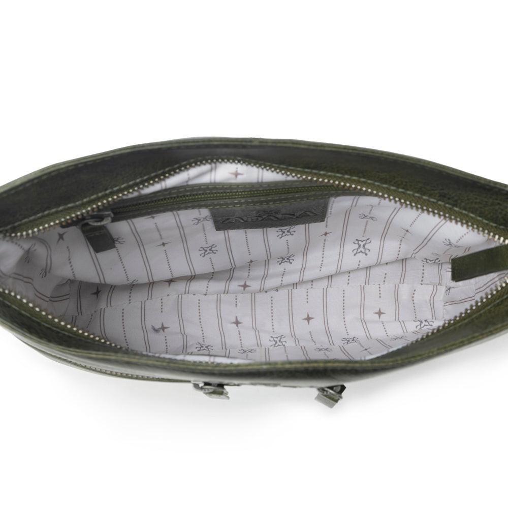 Myra Zidana El Paso Twin Veg Tanned Leather Crossbody Bag in Olive Grove