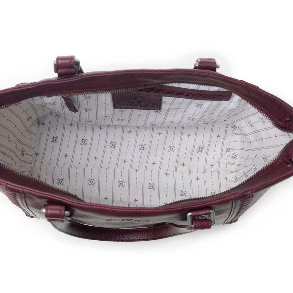 Myra Zidana Arista Bloom Veg Tanned Leather Handbag in Noire Berry