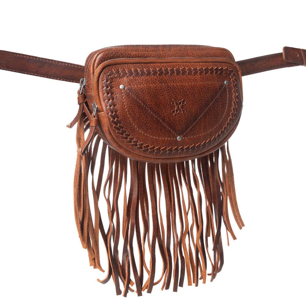 Myra Zidana Stormy Trails Fringed Veg Tanned Leather Bag in Vintage Ember