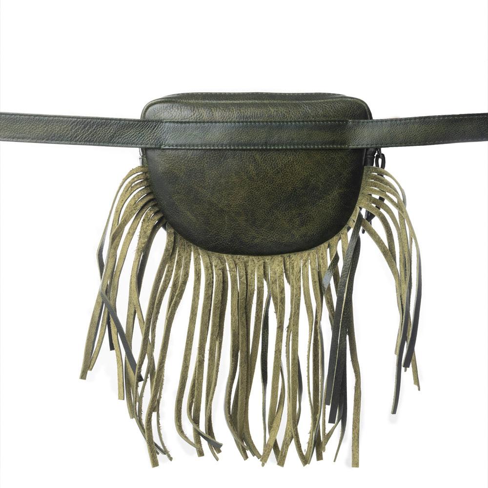 Myra Zidana Stormy Trails Fringed Veg Tanned Leather Bag in Dusty Pine