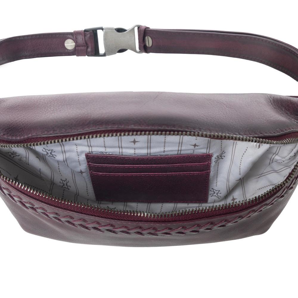 Myra Zidana Amarillo Handstitched Veg Tanned Leather Fanny Pack in Wildrose Plum